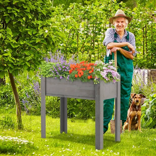 Miniatura 8 de Cama de jardín elevada con patas (31 x 16 x 31 pulgadas), maceta elevada de madera maciza para exteriores Gris