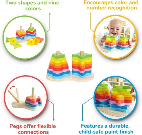 Miniatura 4 de Hape - Juego de anillos de madera con doble apilador de arco iris para niños, L: 7.9, ancho: 4.1, altura: 4.3 pulgadas