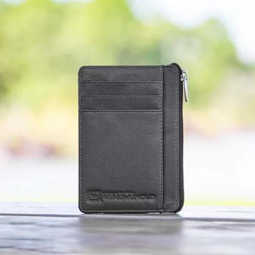 Miniatura 5 de ID STRONGHOLD - Cartera con bolsillo frontal RFID, mini, minimalista, delgada, de piel auténtica con cremallera, Negro