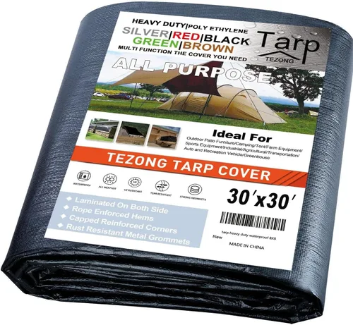 Miniatura 21 de Lonas resistentes impermeables de 4 x 5 pies, paquete de 2 lonas TEZONG negras de 0.472 in. de lona de plástico para exteriores para lluvia
