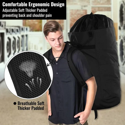 Miniatura 6 de JOINPRO Mochila Bolsa de Lavandería, 125L, extra grande con correas para el hombro, diseño ajustable y extensible, cesta de 3 bolsillos para Negro
