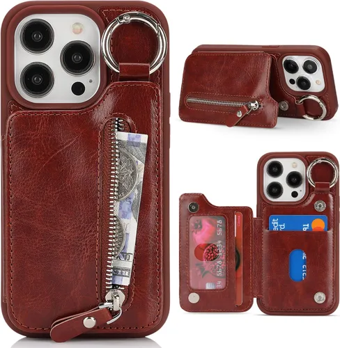 Miniatura 19 de Havaya Funda para iPhone 13 Pro con tarjetero y llavero, soporte de cuero, a prueba de golpes, con ranuras para tarjetas de crédito, cremallera