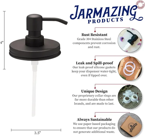 Miniatura 2 de Jarmazing Products Tapas dispensadoras de jabón de boca ancha, color negro, paquete de un paquete, para todos los tarros de conservas de boca ancha