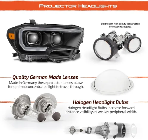 Miniatura 4 de AKKON - Para nuevo diseño secuencial de tubo LED negro 2016-2023 Toyota Tacoma SR/SR5 Faros delanteros de proyector cuadrado dual