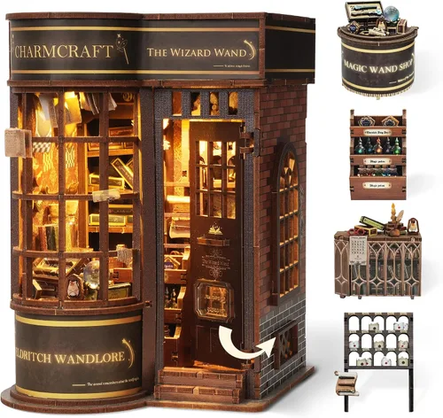 FUNPOLA Kit de varita mágica de rompecabezas de madera 3D para rincón de libros - Juego de manualidades para estantería en miniatura con luz LED -