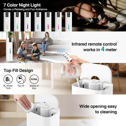 Miniatura 9 de Smart Humidifiers Large Room Bedroom Home,2.11Gal(8L) Quiet Top Fill Cool Mist Humidifier,Smart App & Remote Control, 3 Speed Humidifier with White