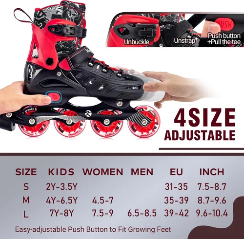 Miniatura 2 de Kuxuan - Patines en línea ajustables para niños, jóvenes y adultos, patines iluminadores con ruedas iluminadas Rojo