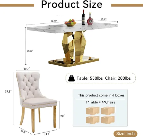 Miniatura 3 de Juego de 5 mesas de comedor de mármol sintético, juego de mesa de cocina y comedor para 4, mesa de comedor rectangular blanca de 70 pulgadas