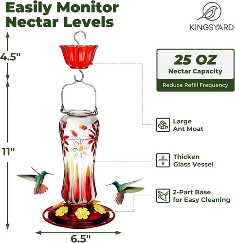 Miniatura 3 de Kingsyard Comedero para colibríes para colgar al aire libre, 25 onzas, alimentador de néctar de vidrio para colibríes con foso de hormigas y 6 Royal