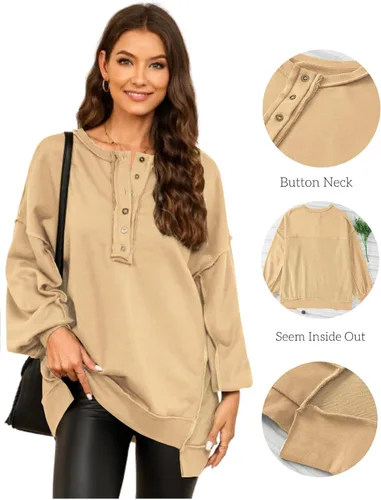 Miniatura 5 de AlvaQ - Sudadera de gran tamaño para mujer, informal, de manga larga, con botones y cuello Henley, tipo túnica