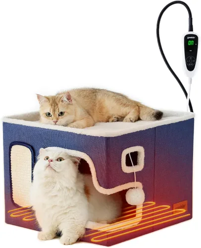 Miniatura 16 de ZOMISIA Casa térmica para gatos de interior – Cama grande de calentamiento para gatos para invierno con bola esponjosa colgante y almohadilla