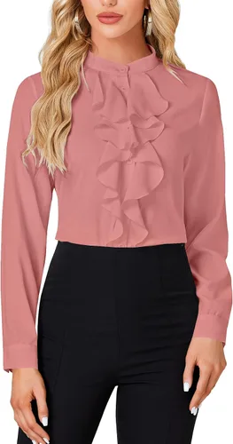 Miniatura 17 de LYANER - Blusa de cuello alto con botones, volantes en el frente, manga larga, camisa de trabajo para mujer