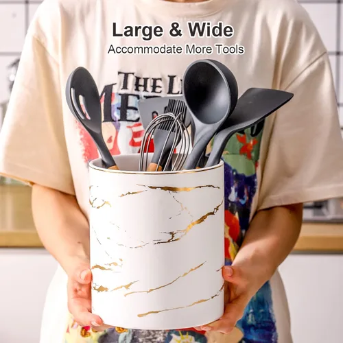 Miniatura 4 de Soporte para utensilios de cocina de mármol de 7 pulgadas, organizador grande de utensilios de cocina, de mármol dorado y blanco, soporte
