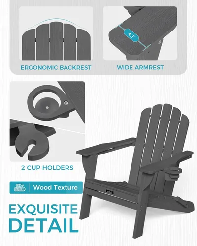 Miniatura 6 de Silla Adirondack plegable, silla Adirondack de HDPE con 2 soportes para tazas, sillas para fogatas al aire libre de fácil montaje para patio, Negro