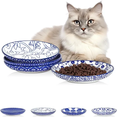 Miniatura 10 de Selamica Cuencos de cerámica para gatos, 6 pulgadas de ancho poco profundos para aliviar la fatiga de los bigotes, juego de 4, colores surtidos