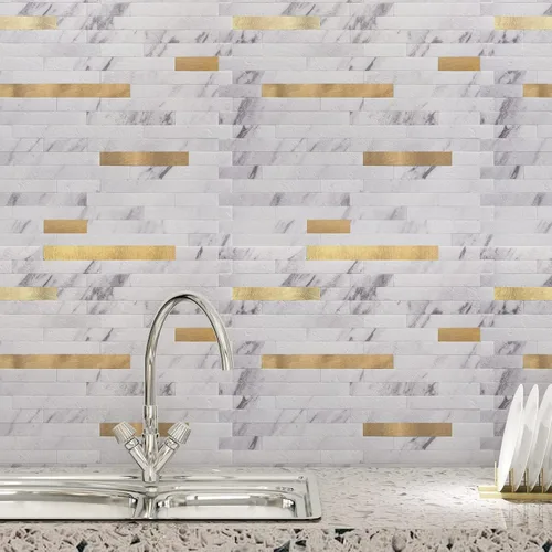 Miniatura 6 de Art3d - Azulejo para cocina, baño, 10 hojas despega y pega, color blanco adornado con metal dorado. Volakas Blanco + Metal Oro