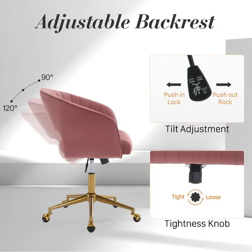 Miniatura 7 de Silla de escritorio giratoria para oficina en casa, moderna silla de escritorio de terciopelo, sillón de altura ajustable con base dorada, silla