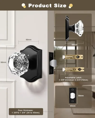 Miniatura 9 de Gobrico Juego de 3 pomos de puerta de cristal transparente, perillas de puerta de privacidad, función de cama/baño, perilla interior de forma Negro