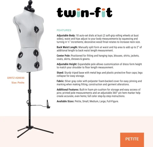 Miniatura 2 de Dritz Forma de Vestido Ajustable Twin-Fit Petite, Tallas US 00–4, Maniquí de Costura Femenino con Torso Corporal Pinnable, 13 Diales para Ajuste