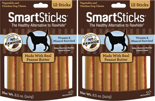 Miniatura 6 de SmartBones SmartSticks con mantequilla de maní real, 12 unidades, masticables sin piel cruda para perros