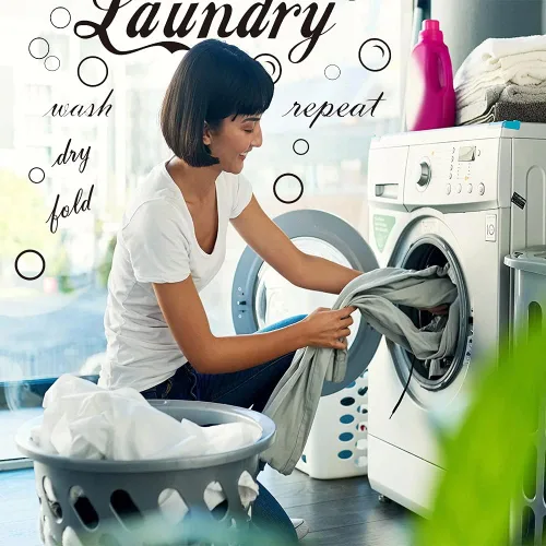Miniatura 5 de 23 calcomanías de vinilo de pared características para cuarto de servicio, con texto en inglés "Wash Dry Fold Repeat Repeat", calcomanías