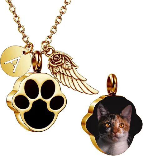 Miniatura 10 de MeMeDIY Collar personalizado con dije de urna de cenizas con estampado de pata de corazón, nombre personalizado, foto, fecha para mujeres, hombres