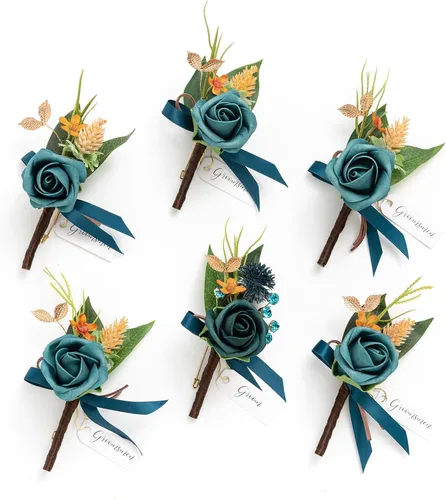 Miniatura 15 de Ling's Moment Boutonniere para Hombres Boda, Juego de 6, Novio y Padrinos Boutonniere para Boda Regreso a Casa Halloween Ceremonia Aniversario, Cena