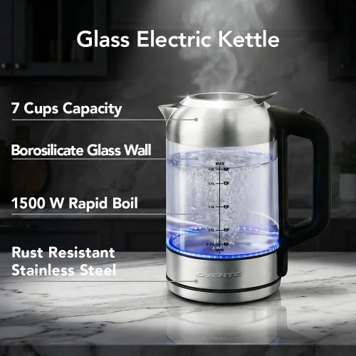 Miniatura 2 de OVENTE Hervidor eléctrico, hervidor de té de vidrio de 1.8 L y hervidor eléctrico inalámbrico de acero inoxidable sin BPA, olla eléctrica de hervir