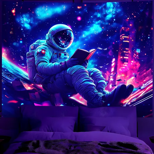 Miniatura 28 de BVBOX Tapiz de astronauta espacial con luz negra, reactivo a los rayos UV, galaxia, planeta que brilla en la oscuridad, póster de luz negra, arte