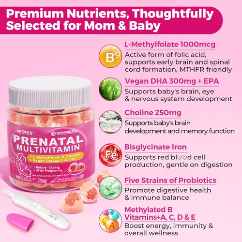 Miniatura 4 de NEVISS Vitaminas prenatales para mujeres, gomitas multivitamínicas con metilfolato de 1 mg, colina omega-3 (DHA+EPA) hierro + citicolina 1000 mg