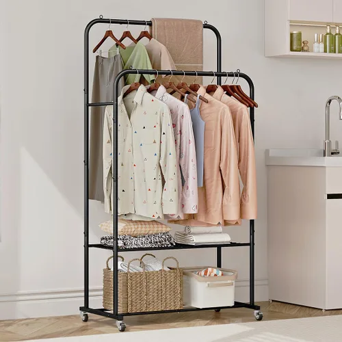Miniatura 4 de SUOERNUO Perchero con ruedas para ropa, estante para colgar ropa resistente, estante metálico enrollable para dormitorio, armario (Negro)