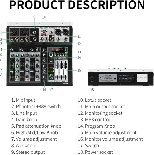 Miniatura 7 de XTUGA KP4 - Mezclador de audio de 4 canales, efecto DSP de 16 bits, efectos de interfaz de audio USB + 48 V Phantom Bluetooth para grabación