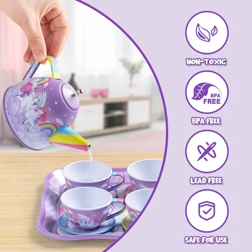 Miniatura 4 de JOYIN Juego de fiesta de té de unicornio para niñas pequeñas, juego de tetera de lata morada, juguete de cocina con tetera, taza, plato, funda
