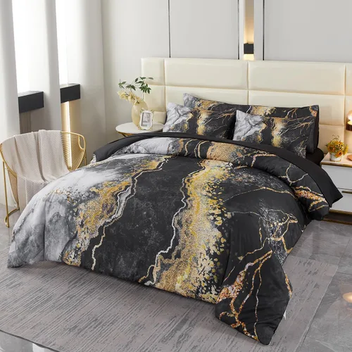Miniatura 15 de PERFEMET Juego de edredón de 6 piezas tamaño Full, color oro aguamarina, ropa de cama en una bolsa, edredón de mármol acuarela con sábanas, suave