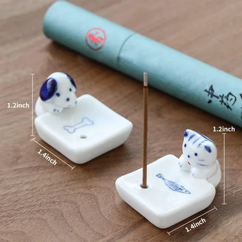Miniatura 4 de Juego de 2, mini gatito japonés con perro, hecho a mano, de cerámica blanca, soporte para incienso o quemador de incienso, bandeja para decoración