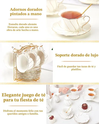 Miniatura 5 de DUJUST Juego de té de porcelana blanca de 22 piezas para 6, juego de tazas de té y café de lujo estilo británico con ribete dorado, hermoso juego