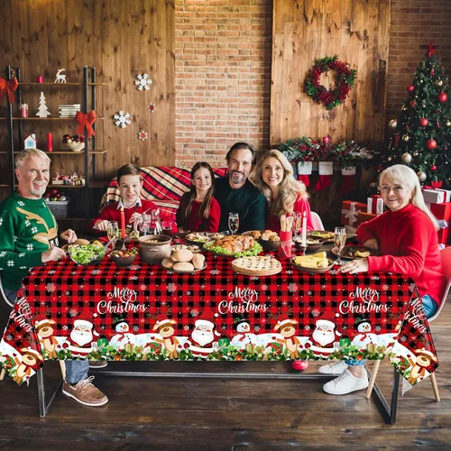Miniatura 6 de Tiamon Paquete de 3 manteles de plástico para mesa de Navidad de 54 x 108 pulgadas para mesa rectangular, mantel desechable con diseño de muñeco