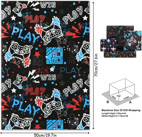 Miniatura 3 de Geluode Papel de regalo de cumpleaños para niños y niñas, amantes de los videojuegos, papel de regalo de videojuegos de 4 estilos, 8 hojas plegadas
