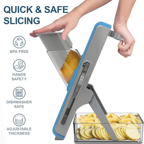 Miniatura 2 de Cortador de Mandolina para Cocina, Cortador de Mandolina Seguro Multifuncional Cuchillo Ajustable Máquina Cortadora Comercial de Acero Inoxidable