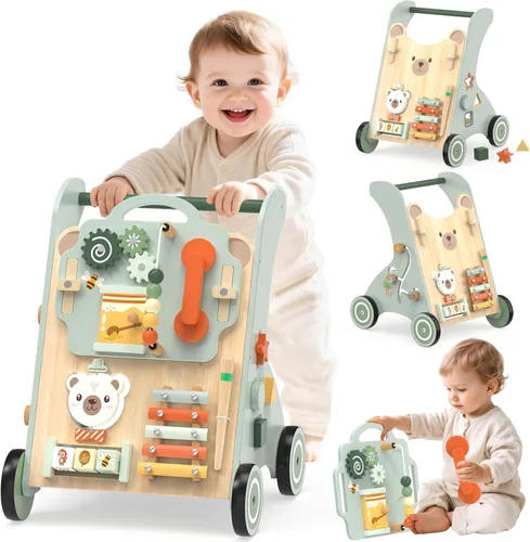 WOODMAM Andador de madera para bebé, Andador de bebé ajustable para empujar para niños de 1 año, Andador Montessori 10 en 1 para niños y niñas,