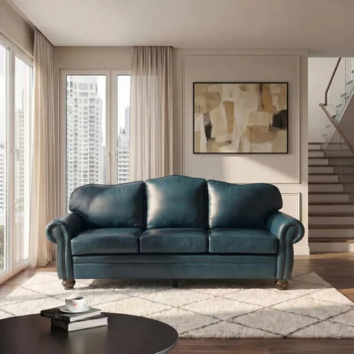 Miniatura 12 de HULALA Home Sofá de cuero genuino de 81 pulgadas con ribete de clavos y reposabrazos enrollados, moderno de mediados de siglo, sofá de 3 plazas