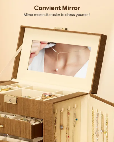 Miniatura 16 de Homde Regalos de Navidad de cuero sintético, enorme joyero, organizador de reloj con espejo, collar, anillo y aretes, estuche de regalo con Dorado