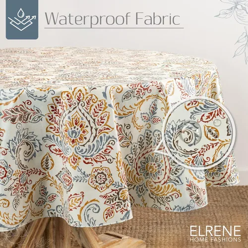 Miniatura 2 de Elrene Home Fashions Ava - Mantel de vinilo jacobeo floral resistente al agua y a las manchas con reverso de franela, 70 x 70 pulgadas, redondo