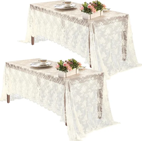 Chumia Mantel rectangular de encaje de 60 x 120 pulgadas, mantel rústico superpuesto con rosa bordado vintage para boda, recepción, fiesta,
