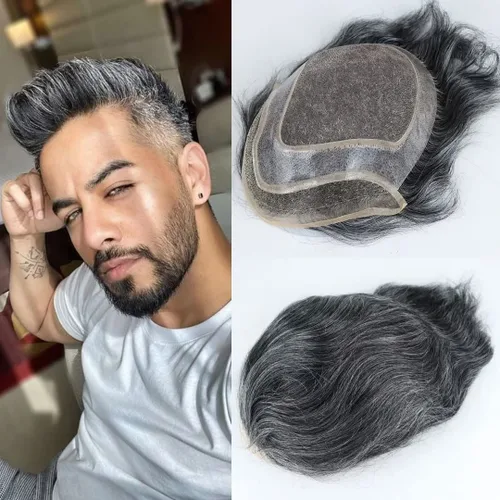 Miniatura 4 de HAPPY&CC Pelucas de repuesto de cabello para hombres y hombres, sistema de cabello humano tipo tupé, línea capilar natural, mono fino con postizo