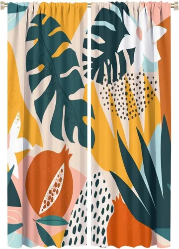 Miniatura 34 de Cortinas opacas de arte abstracto de mediados de siglo para dormitorio, cortinas modernas de estilo bohemio con hojas geométricas florales, cortinas