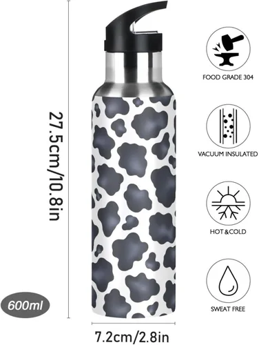 Miniatura 9 de Stainless Steel Vacuum Insulated Water Bottle 32 Oz, BPA-Free Sports Water Bottle for Gym Outdoor Travel School, Black White Cow Spots