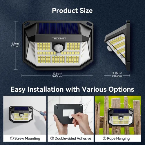 Miniatura 7 de TECKNET 231 luces LED solares de movimiento al aire libre impermeables, juego de 4 unidades con ángulo de 300° y 3 modos de iluminación, luces