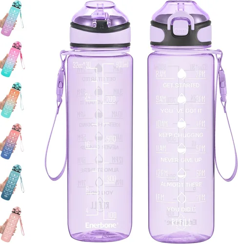 Miniatura 19 de Enerbone Botella de agua potable de 32 oz con tiempos para beber y popote, motivacional con correa para llevar, a prueba de fugas, sin BPA ni