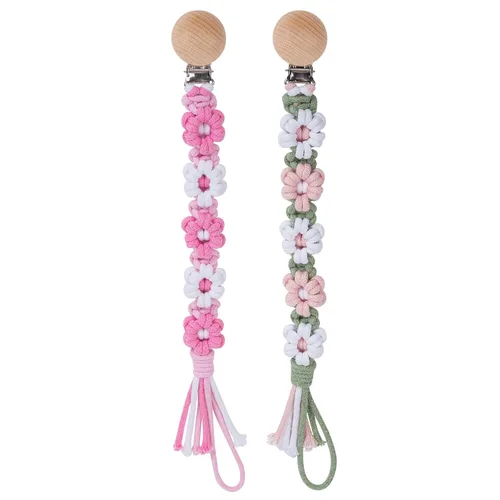 Miniatura 14 de Clip para chupete para niños y niñas, diseño de margaritas florales, macramé, clip para chupete, correa bohemia de madera hecha a mano de algodón